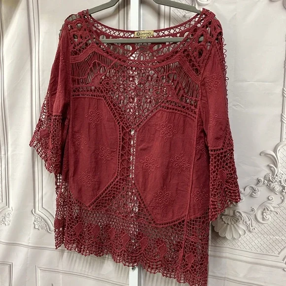 Democracy boho lace embroidered open rose color size small top - Picture 2 of 6
